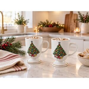 1980s Mount Clemens Pottery Christmas Tree Footed Mugs Gold Trim Japan Set of 2